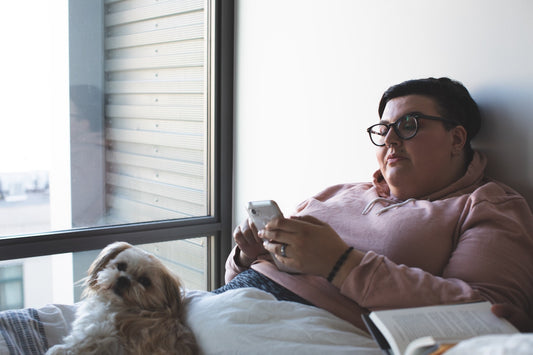 Person lying on a bed next to the window, looking at their phone. A small dog is also there, looking at the camera