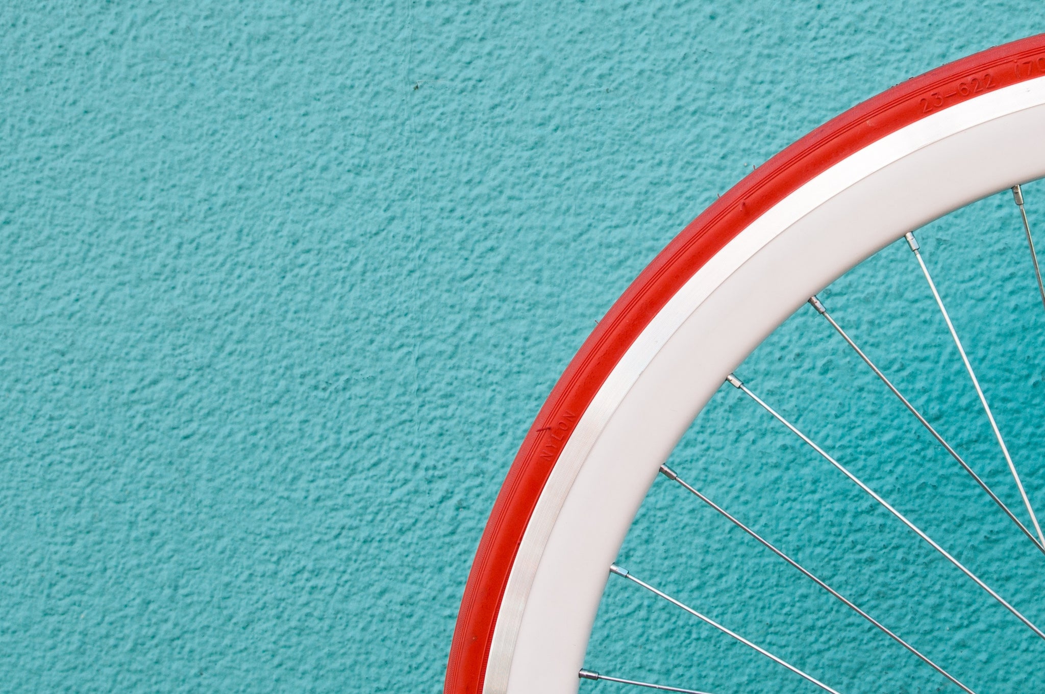 A White bicycle wheel with a red tire against a blue wall.